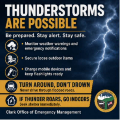 Clark Emergency Management Urges Residents to Prepare for Possible Thunderstorms